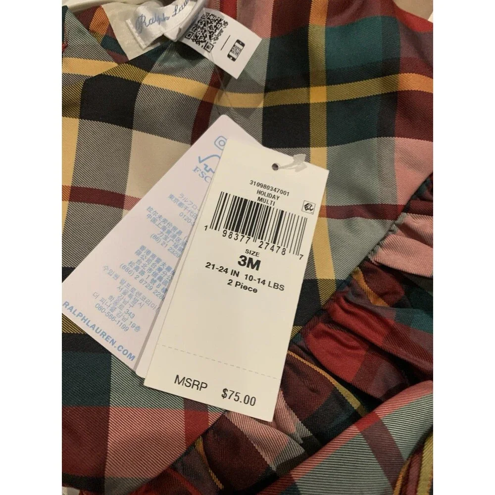 Ralph Lauren Baby Girl 3M Tartan Plaid Holiday Dress Bloomers 2PC NWT $75